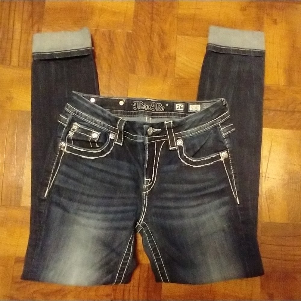 Miss Me Dark Blue Jeans Distressed Mid-Rise Skinny Cuffed Women's Size 26
